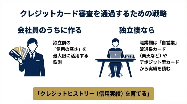 会社員時代にカードを作ることや、独立後は「自営業」として流通系カードやデポジット型カードで実績を積む手順を示した図。