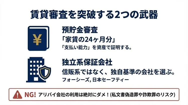 賃貸審査を通すための具体的戦術として、「家賃24ヶ月分の預貯金審査」と「独立系保証会社の利用」を図解したイラスト。