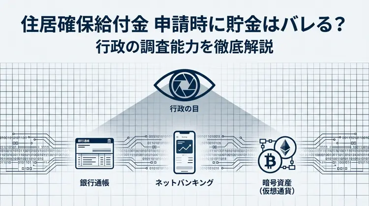 行政の調査網とデジタル解析イメージ図、住居確保給付金申請時に資産は隠せないことを示す表紙画像