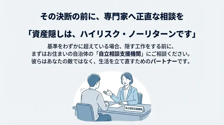 資産隠しをする前に、自立相談支援機関の窓口で専門家に正直に相談している様子を描いたイラスト