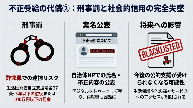 詐欺罪での手錠(逮捕リスク)、自治体によるブラックリスト化(不支給措置)、氏名公表によるデジタルタトゥーのリスクを示した図
