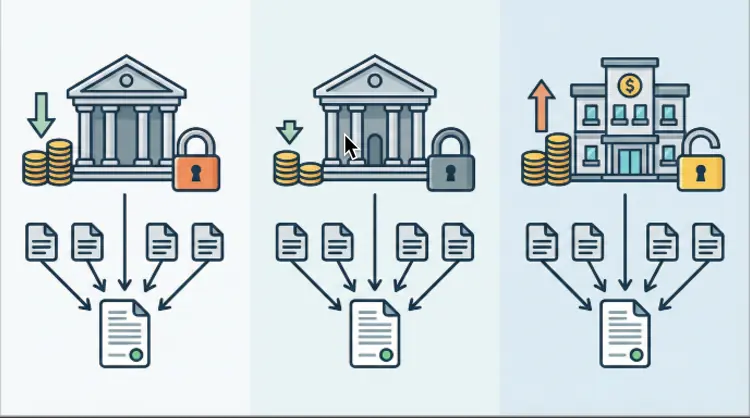銀行、ろうきん、消費者金融のおまとめローンにおける金利と審査難易度の違いを比較した図。複数の借入が一本化される仕組みも視覚的に表現されている。