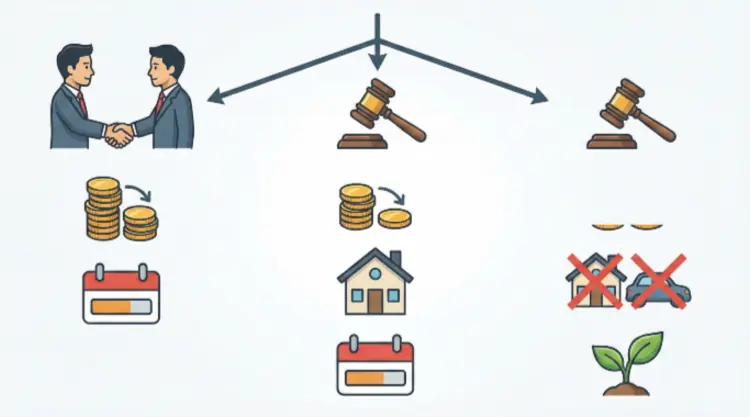 任意整理、個人再生、自己破産の3つの債務整理手続きの違いを比較した図解。借金の減額幅、資産への影響、手続きの性質が視覚的に示されている。