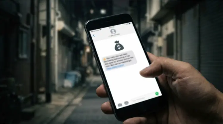スマートフォンに届いた、甘い言葉で融資を誘う怪しいメッセージのイメージ。背景は暗い路地裏で、闇金や詐欺のリスクを暗示している。