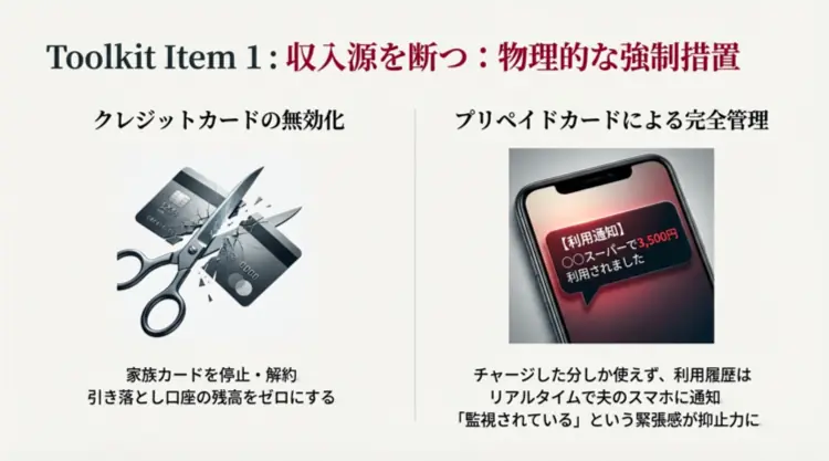 クレジットカードの強制解約や、利用通知が届くプリペイドカードによる管理など、物理的に浪費を防ぐ具体的な手法。