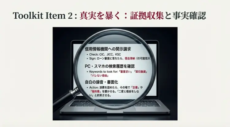 信用情報機関への開示請求やスマホの検索履歴チェック、自白の録音など、隠された借金を暴くための証拠収集リスト。
