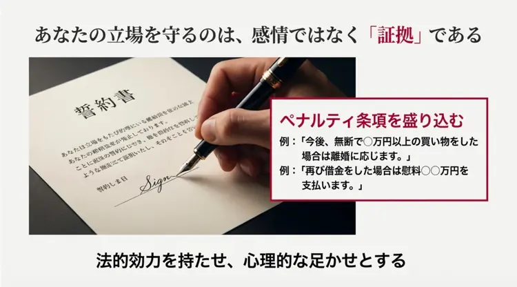 浪費を認めた妻に書かせる誓約書のイメージ。離婚や慰謝料などのペナルティ条項を盛り込み、法的効力と心理的抑止力を持たせる。