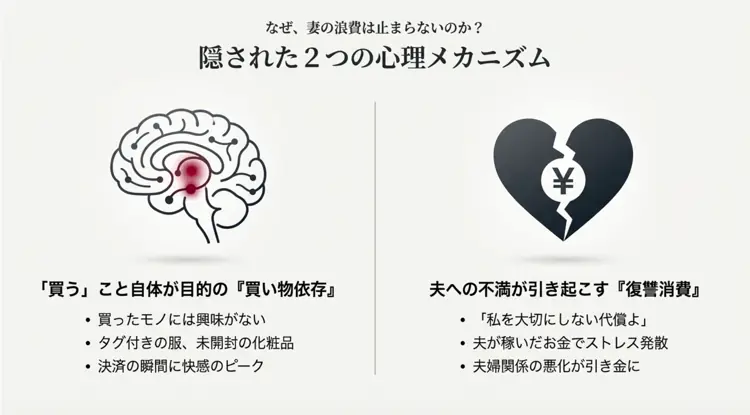 浪費家な妻の心理メカニズム図解。買い物自体が目的化する依存症と、夫への不満を晴らす復讐消費について解説。