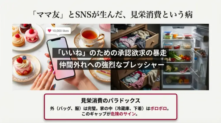 専業主婦の浪費原因となるSNSやママ友との見栄消費。外見は完璧だが家庭内はボロボロというパラドックスを図解。