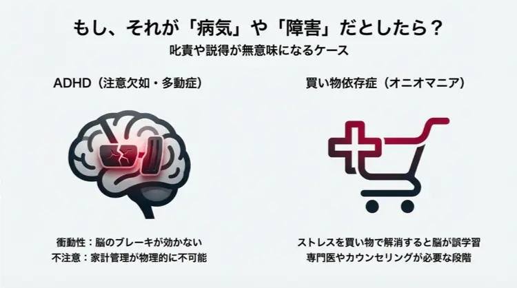 浪費が治らない原因としてのADHD（注意欠如・多動症）や買い物依存症（オニオマニア）の脳の特性を解説した図。