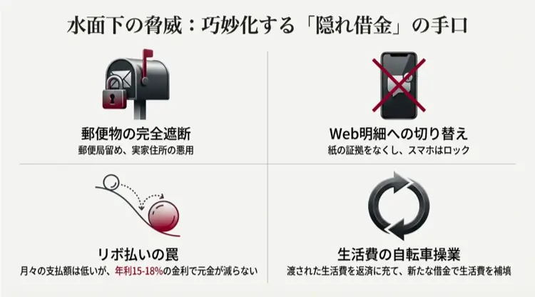 浪費家妻が借金を隠す巧妙な手口。郵便物の遮断、Web明細への切り替え、リボ払いの罠、自転車操業の実態。