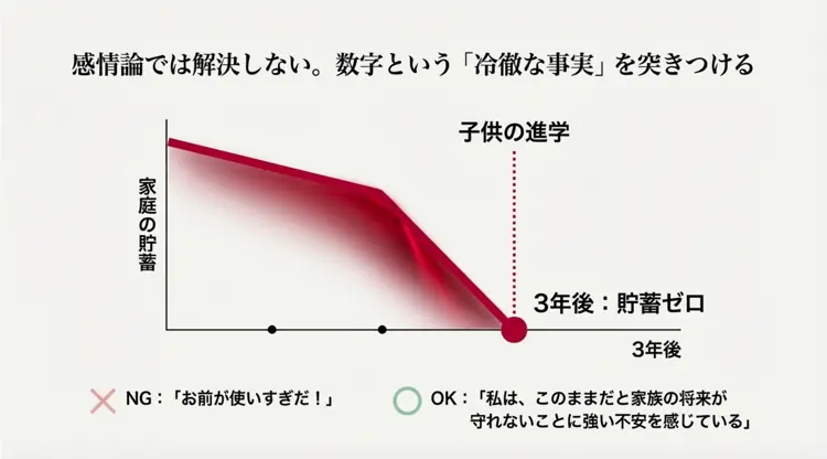 感情論ではなく数字で将来の貯蓄ゼロを提示し、アイ・メッセージで不安を伝える浪費妻への効果的な説得方法。