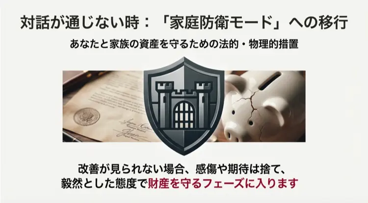 対話が通じない場合に発動する家庭防衛モード。情を捨てて資産を守るための物理的・法的措置への切り替えイメージ。