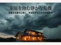 専業主婦で浪費家の嫁の心理と家族を守るための防衛戦略を表すタイトル画像。暗雲が立ち込める家を背景に、家庭を蝕む静かな危機を表現。