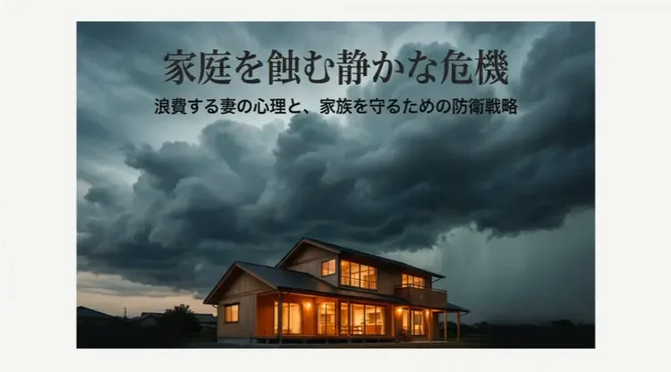 専業主婦で浪費家の嫁の心理と家族を守るための防衛戦略を表すタイトル画像。暗雲が立ち込める家を背景に、家庭を蝕む静かな危機を表現。