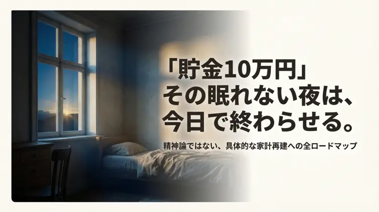 「貯金10万円」という文字と、夜眠れない様子を表すイラスト。精神論ではない具体的な家計再建へのロードマップを示す表紙。