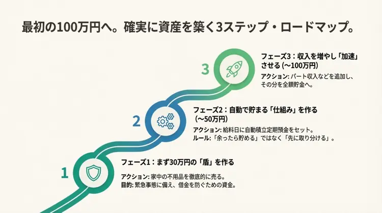 フェーズ1で不用品を売って30万円、フェーズ2で仕組み化して50万円、フェーズ3で収入を増やして100万円を目指す段階的な手順を示した図。