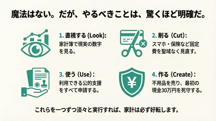 直視する（Look）、削る（Cut）、使う（Use）、作る（Create）という4つの具体的な行動指針を示したアイコン付きリスト。