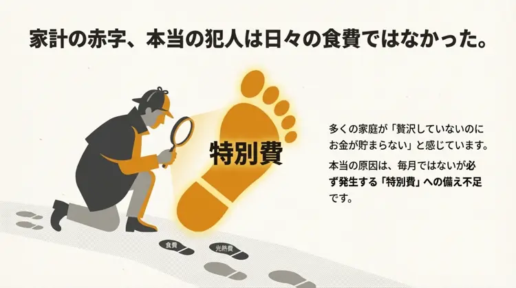 食費や光熱費ではなく、毎月ではないが必ず発生する「特別費」への備え不足こそが、家計赤字の本当の原因であることを示す図。