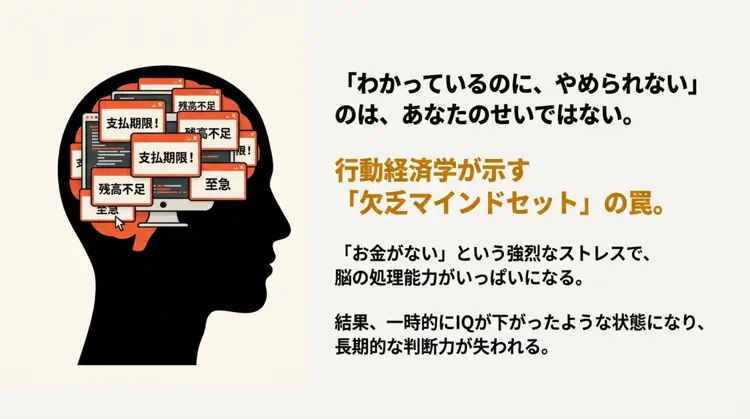 「支払期限」「残高不足」といった警告で脳の処理能力がいっぱいになり、正常な判断ができなくなっている状態を表したイラスト。