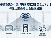 行政の調査網とデジタル解析イメージ図、住居確保給付金申請時に資産は隠せないことを示す表紙画像